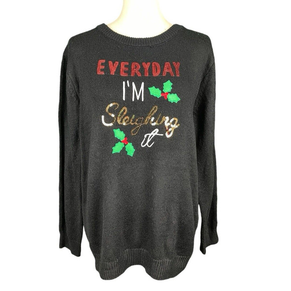 Poof Merry Christmas Sweater Women Size L Black Sequins Everyday Im Sleighing It - Picture 4 of 9